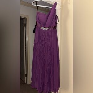 Jovani Purple Ruffle Maxi Dress with Embellished Waist